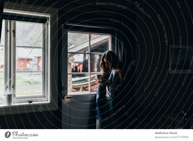 Woman with mug near window Coffee Window Morning Human being Mug Tea Drinking Beautiful pretty Attractive Relaxation Rest Leisure and hobbies Beverage enjoying