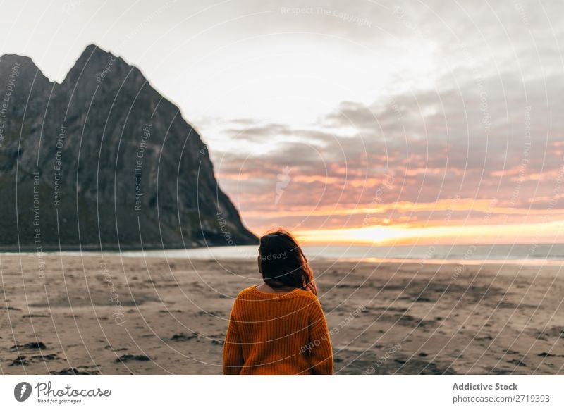 Woman enjoying dawn Dawn Bay Hill Nature Ocean Vacation & Travel Sky Tent Cliff Beach Coast Relaxation Tourist Vantage point Beautiful Human being Dusk Idyll