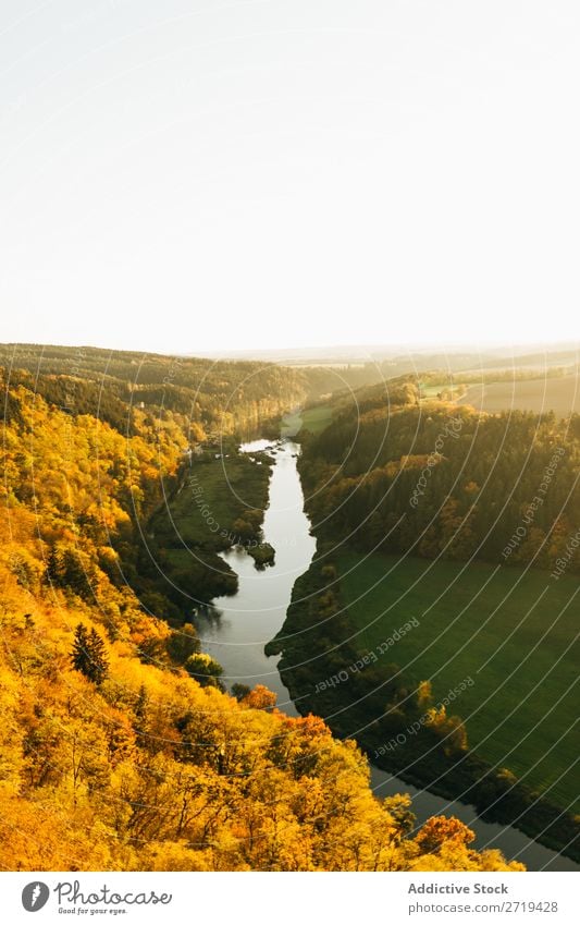 Picturesque valley from height Valley Gold River Highlands scenery Panorama (Format) Morning Bright Autumn Wanderlust Landscape Beauty Photography Tourist