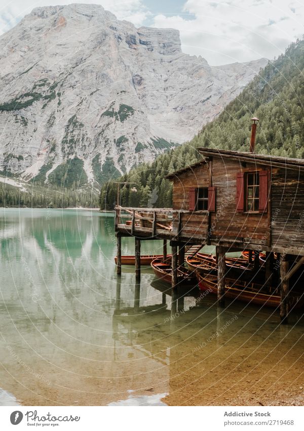 Wooden dock on lake in mountains Dock Mountain Lake Jetty Serene House (Residential Structure) Calm Water Tree Landscape Reflection coniferous Exterior shot