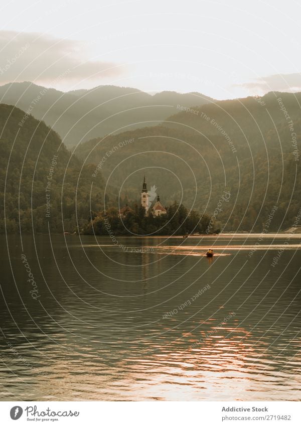 Small island with building among lake. Bled Lake, Slovenia. Island House (Residential Structure) Landscape Cottage Vacation & Travel Water Rural Exterior shot