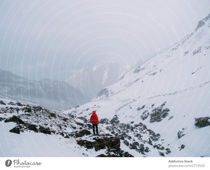 Anonymous person in snowy mountains Rock Peak Mountain Snow Landscape Highland cattle Panorama (Format) Top Nature Environment scenery Wilderness Extreme