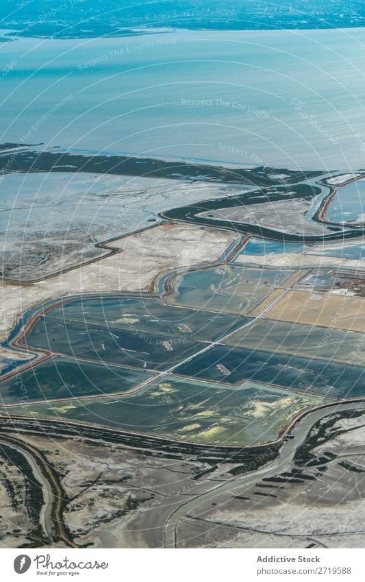 Landscape with suburbs and sea Suburb Aircraft Drone Panorama (Format) Development Street Rural residential Field Height Vantage point Exterior Destination