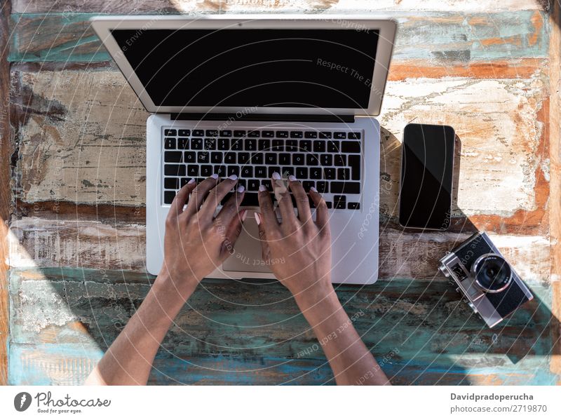 Woman hands working from home on her computer Crops Unrecognizable Business Ethnic Anonymous Faceless Communication Typing Hand Computer Bird's-eye view