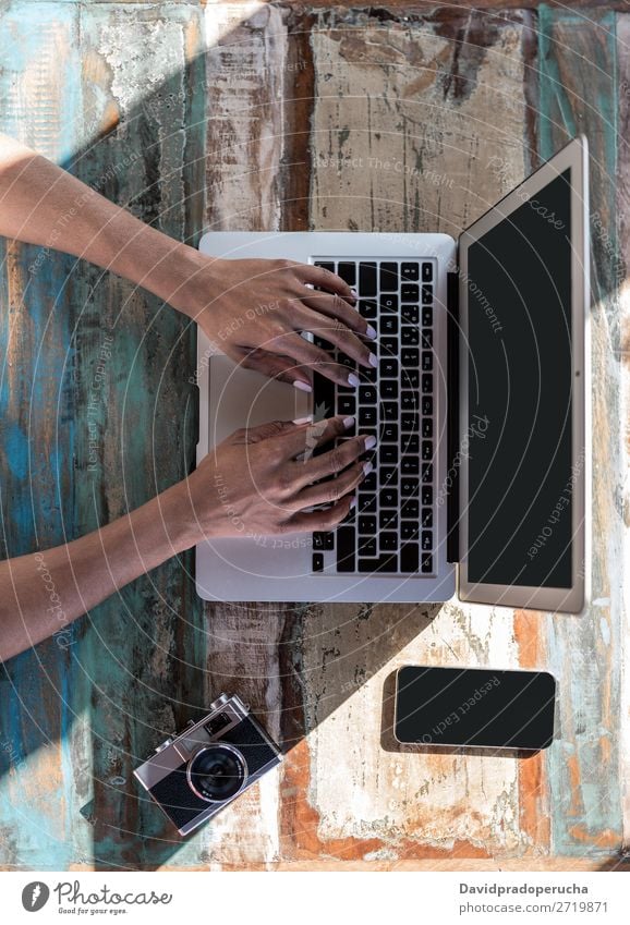 Woman hands working from home on her computer Crops Unrecognizable Business Ethnic Anonymous Faceless Communication Typing Hand Computer Bird's-eye view