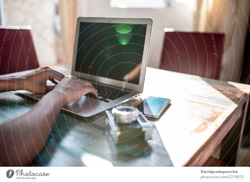 Woman hands working from home on her computer Crops Unrecognizable Business Ethnic Anonymous Faceless Communication Typing Hand Computer Cellphone PDA