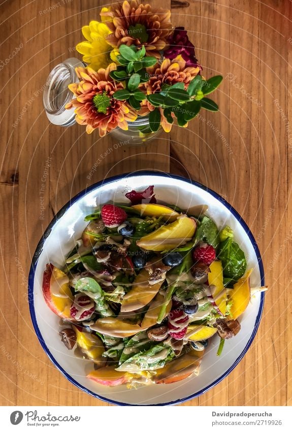 Top view of green salad with fruits Meal Lunch Vegetarian diet Green Background picture White Diet Healthy Food Organic Appetizer Fresh Lettuce Delicious