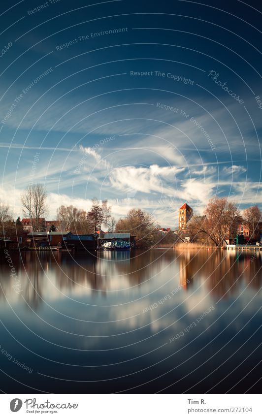 Blue Rostock Water Sky Clouds Beautiful weather River bank Town Church Harbour Nikolai Church Colour photo Exterior shot Deserted Copy Space top