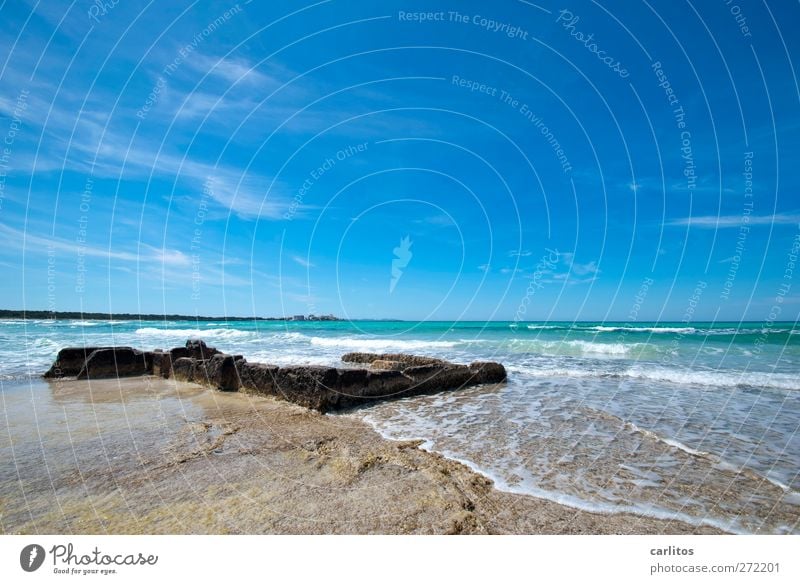 Day at the sea Elements Air Water Sky Beautiful weather Waves Coast Ocean Movement Esthetic Blue Turquoise Far-off places Mediterranean sea Rock Surf Horizon