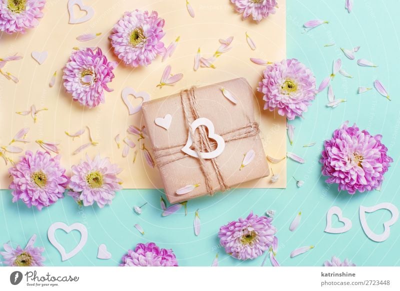 Flowers composition with hearts and gift box Design Decoration Wedding Woman Adults Mother Art Heart Above Yellow Pink Creativity background Card