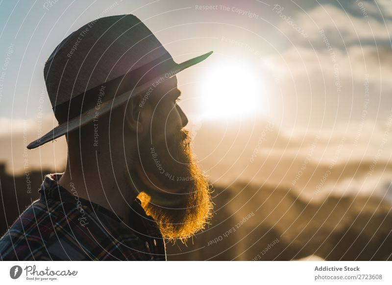 Tourist standing on cliff in sunny day Nature Man bearded Hill Cliff Mountain Sunset Evening Silhouette Vacation & Travel Adventure Landscape Azores Hiking