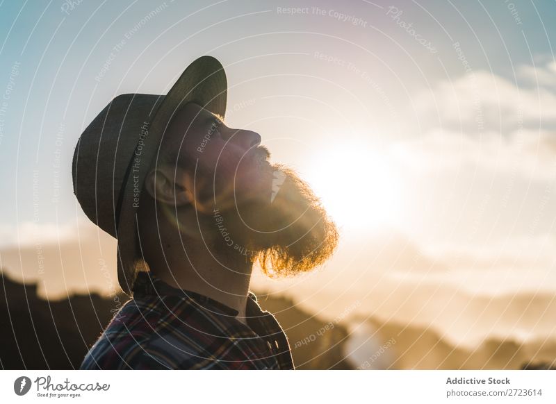 Tourist standing on cliff in sunny day Nature Man bearded Hill Cliff Mountain Sunset Evening Silhouette Vacation & Travel Adventure Landscape Azores Hiking