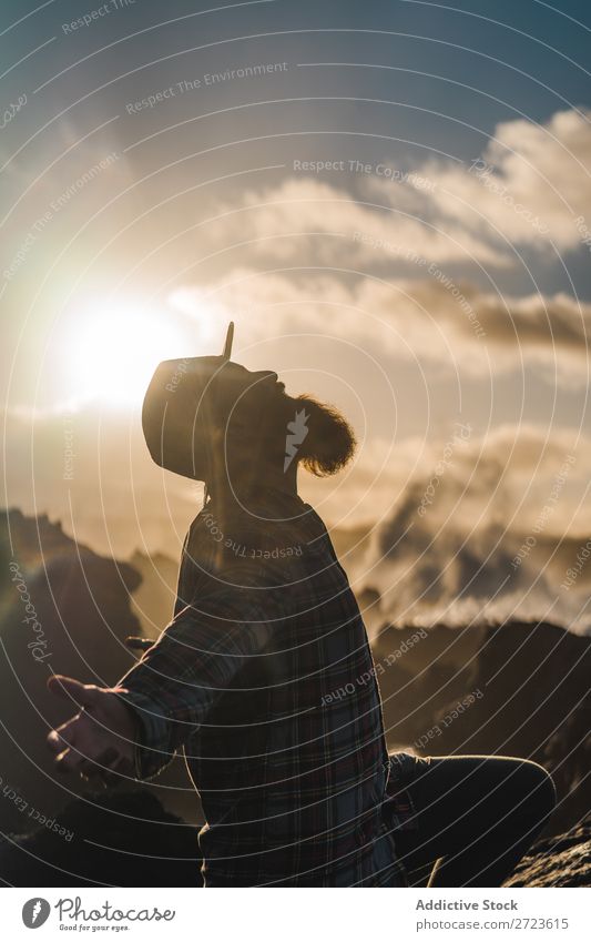 Tourist standing on cliff in sunny day Nature Man bearded Hill Cliff Mountain Sunset Evening Silhouette Vacation & Travel Adventure Landscape Azores Hiking