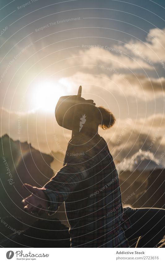 Tourist standing on cliff in sunny day Nature Man bearded Hill Cliff Mountain Sunset Evening Silhouette Vacation & Travel Adventure Landscape Azores Hiking