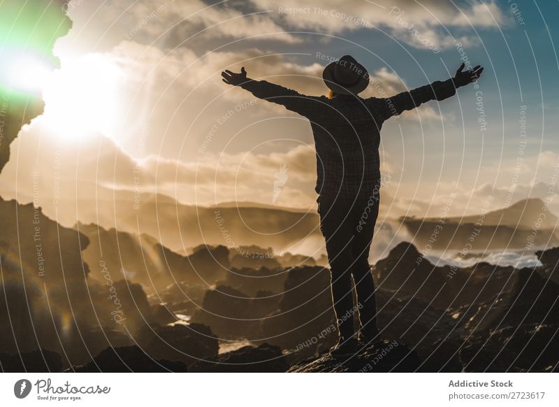 Tourist standing on cliff in sunny day Nature Man bearded Hill Cliff Mountain Sunset Evening Silhouette Vacation & Travel Adventure Landscape Azores Hiking