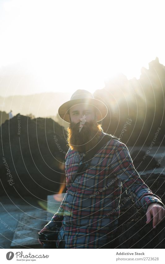 Tourist standing on cliff in sunny day Nature Man bearded Hill Cliff Mountain Sunset Evening Silhouette Vacation & Travel Adventure Landscape Azores Hiking