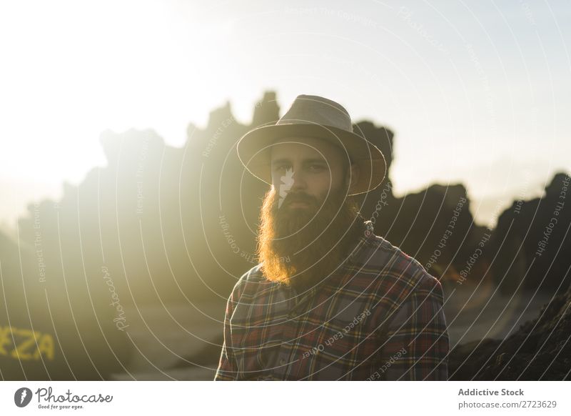 Tourist standing on cliff in sunny day Nature Man bearded Hill Cliff Mountain Sunset Evening Silhouette Vacation & Travel Adventure Landscape Azores Hiking