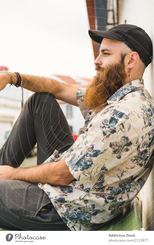 Bearded man sitting on dumpster Man City Street Sit bearded Trash container Container Lifestyle Youth (Young adults) Town Human being Guy Cool (slang) Style