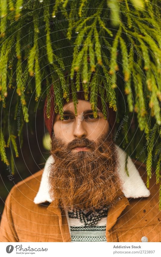 Bearded man standing at green tree Tourist Nature Man bearded warm clothes fir Tree Green Looking into the camera Forest Vacation & Travel Adventure Landscape