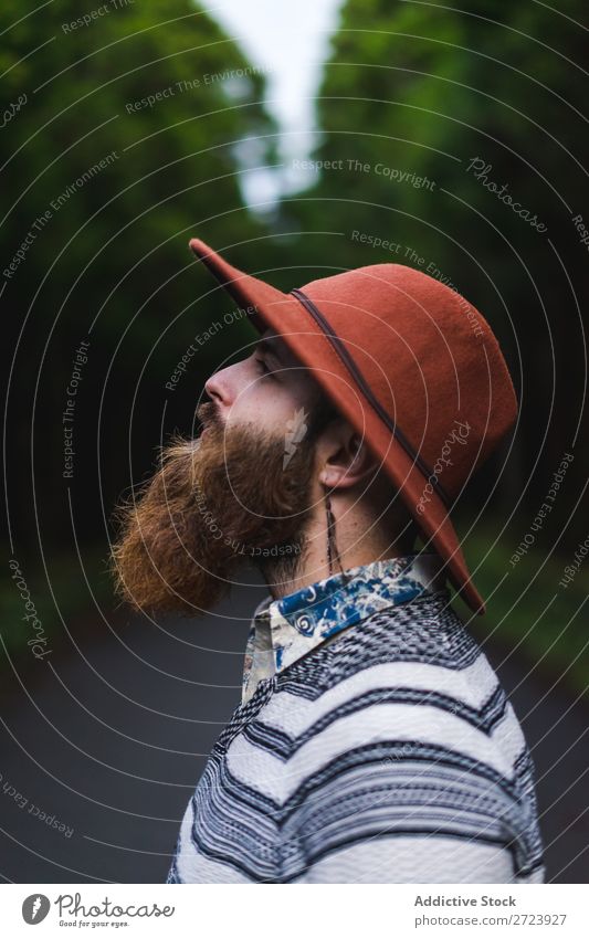 Bearded man in hat on road Tourist Nature Man bearded Forest Green Hat Street Vacation & Travel Adventure Landscape Hiking Exterior shot Vantage point Azores