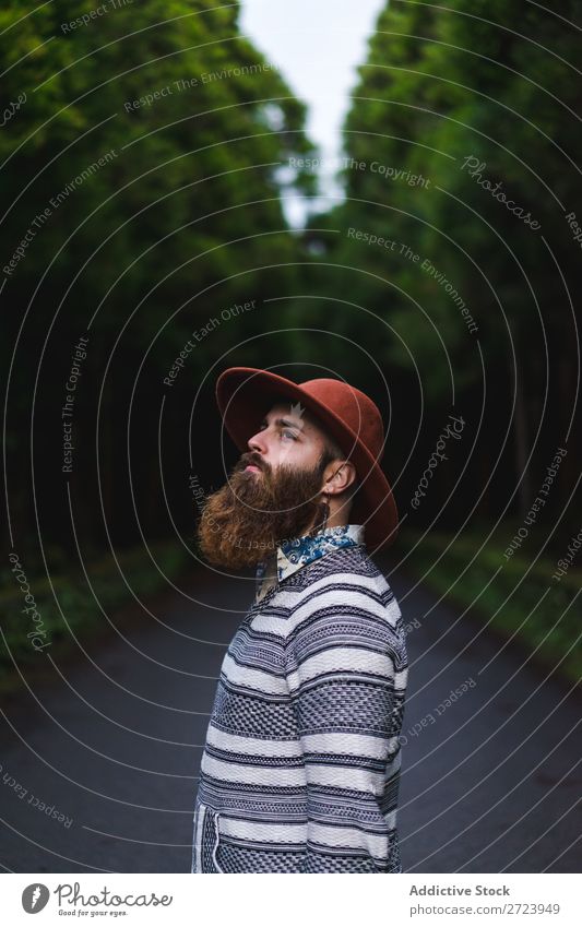 Bearded man in hat on road Tourist Nature Man bearded Forest Green Hat Street Vacation & Travel Adventure Landscape Hiking Exterior shot Vantage point Azores