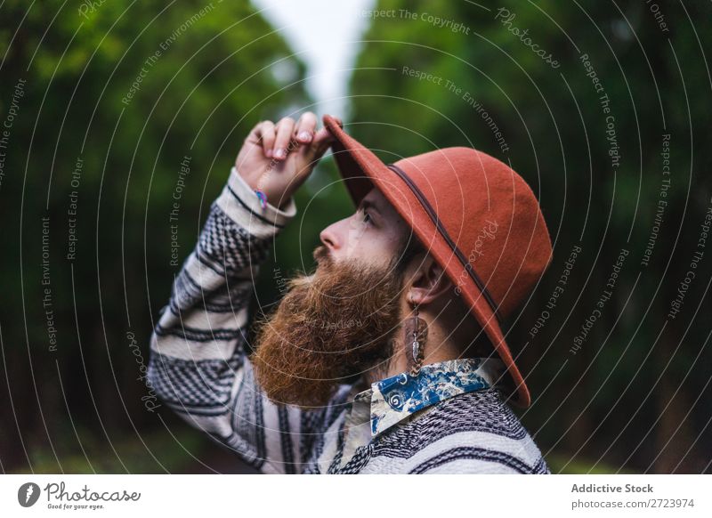 Bearded man in hat on road Tourist Nature Man bearded Forest Green Hat Street Vacation & Travel Adventure Landscape Hiking Exterior shot Vantage point Azores