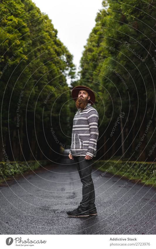 Bearded man in hat on road Tourist Nature Man bearded Forest Green Hat Street Vacation & Travel Adventure Landscape Hiking Exterior shot Vantage point Azores