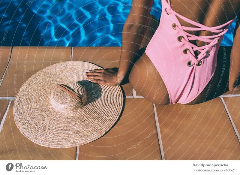 Woman relax in swimming pool with a straw hat Feminine Young woman Youth (Young adults) Adults Body Legs Feet 1 Human being 18 - 30 years Swimming & Bathing