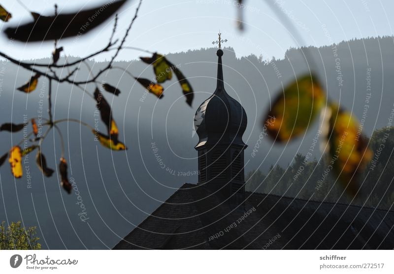 Holy tin towers! Sunlight Autumn Beautiful weather Tree Leaf Forest Hill Mountain Peak Village Church Manmade structures Cliche Church spire Crucifix