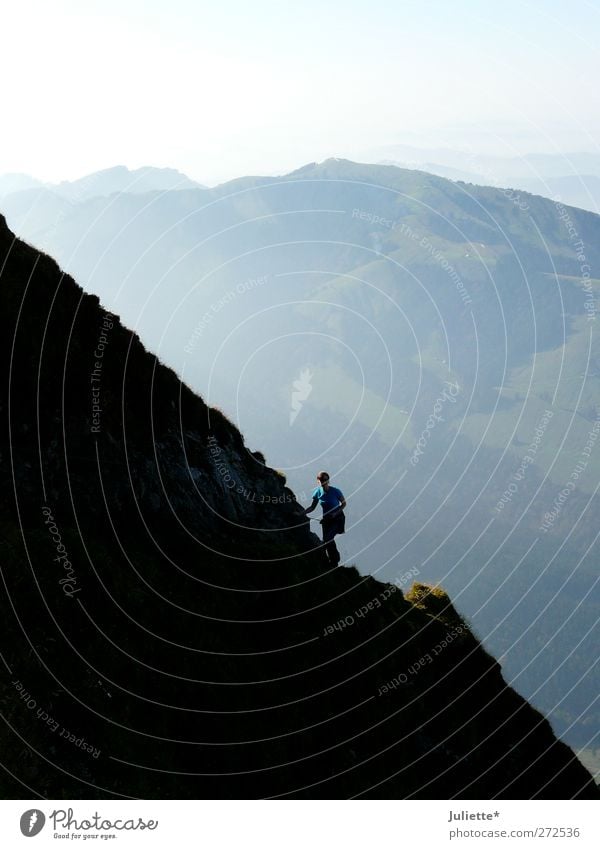 on the way Climbing Mountaineering Feminine Woman Adults 1 Human being Nature Landscape Air Sky Horizon Sun Summer Beautiful weather Warmth Hill Switzerland