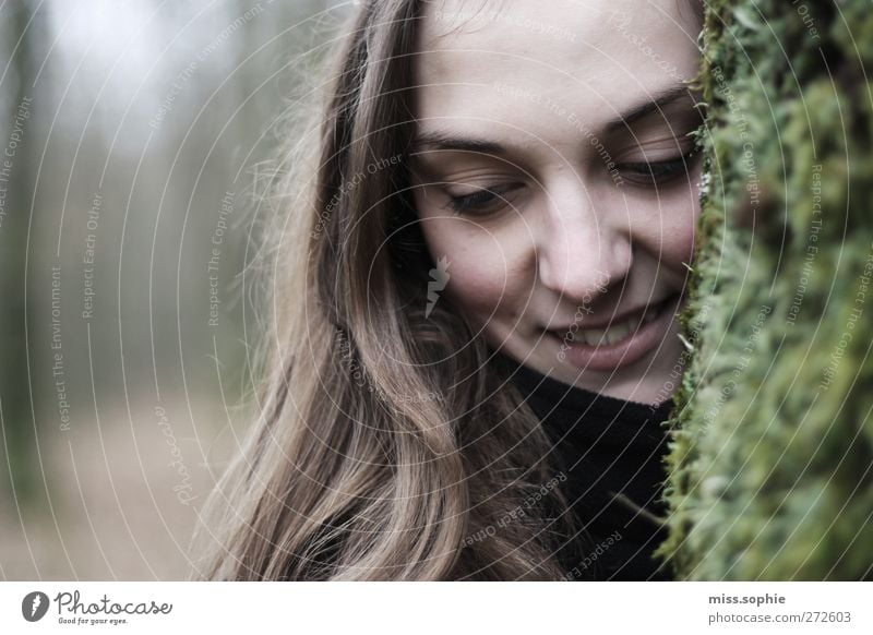 natural. Hair and hairstyles Feminine Young woman Youth (Young adults) Life Face Autumn Tree Moss Forest Brunette Smiling Laughter Dream Friendliness Happy