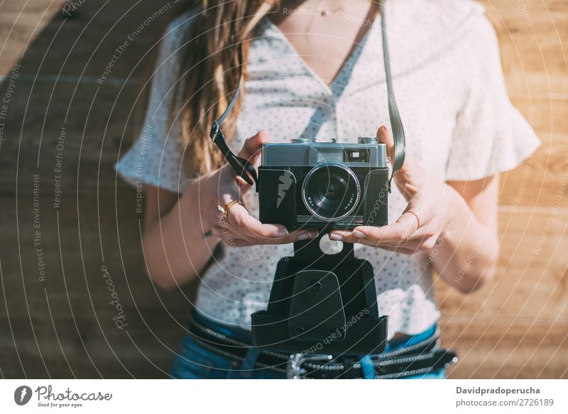 cropped woman with vintage old camera Vintage Camera Retro Woman Old Youth (Young adults) Partially visible reel Anonymous Unrecognizable Portrait photograph