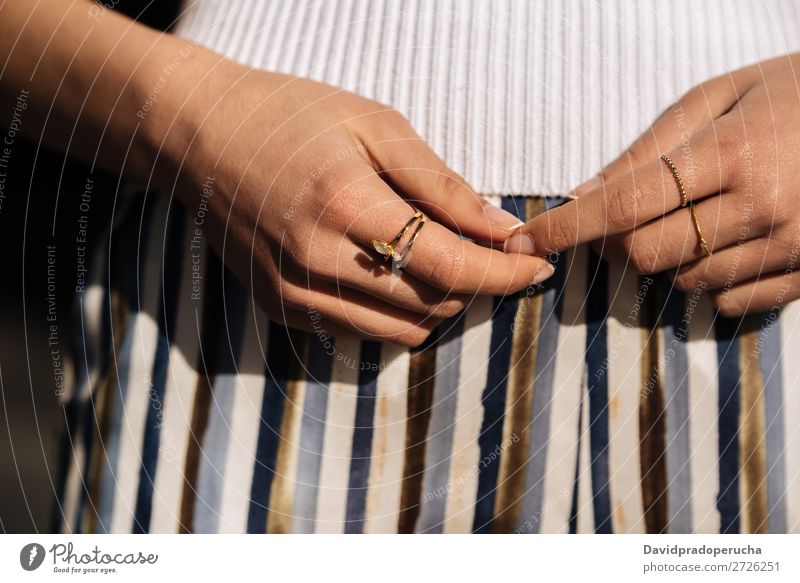 Crop woman hands with rings on the street Hand Woman Close-up Portrait photograph Youth (Young adults) pretty nails Manicure Town Crops Partially visible