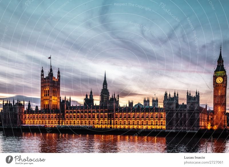 Sunset at the Big Ben in London, England Vacation & Travel Tourism Winter Clock Environment Nature Sky Clouds River Downtown Skyline Castle Building