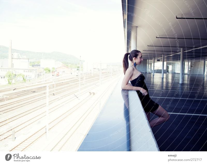 light-dark Feminine Young woman Youth (Young adults) 1 Human being 18 - 30 years Adults Parking garage Cold Blue Colour photo Exterior shot Copy Space left Day