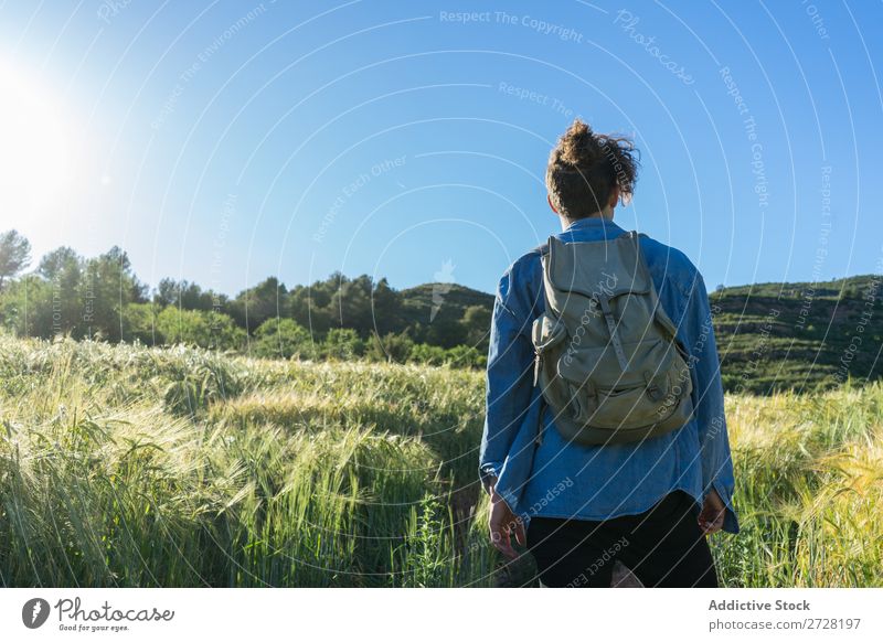 Cheerful man with backpack on nature Man backpacker Style Portrait photograph Adventure Vacation & Travel Modern Tourist Hipster Summer Self-confident