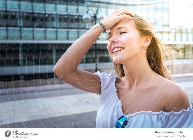 Portrait of a happy beautiful young woman Woman Blonde Smiling Fashion summer model Happy Sunglasses Red Youth (Young adults) Stand Face Girl Loneliness