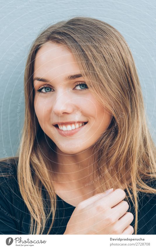 Close up portrait of a beautiful young woman Woman Blonde Smiling Happy Face Girl Loneliness Portrait photograph White Black Beautiful Youth (Young adults)