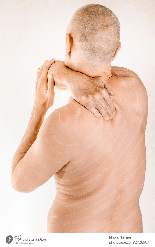 Man suffering of thoracic vertebrae or trapezius muscle pain Body Health care Illness Medication Massage Human being Adults Hand Muscular Pain Stress Neuralgia