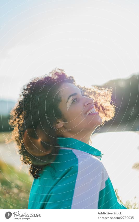 Cheerful woman in bright sunlight Woman Summer To enjoy Dream Harmonious Posture Landscape human face Freedom Nature Easygoing Rural Colour Beautiful