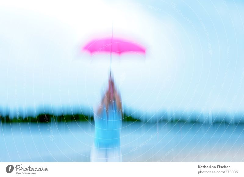 Happy pink umbrella day Art Sky Horizon Spring Summer Weather Beautiful weather Bad weather Wind Coast Umbrella Happiness Fresh Blue Brown Multicoloured Green