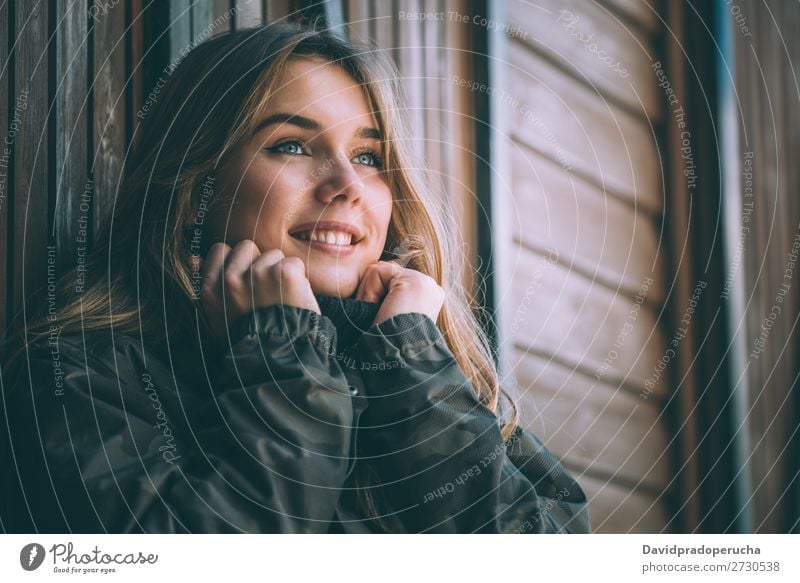 portrait Young pretty woman in winter in a log cabin in the snow Portrait photograph Winter Woman Snow Youth (Young adults) Happy Hut Log Wood Cute Blonde