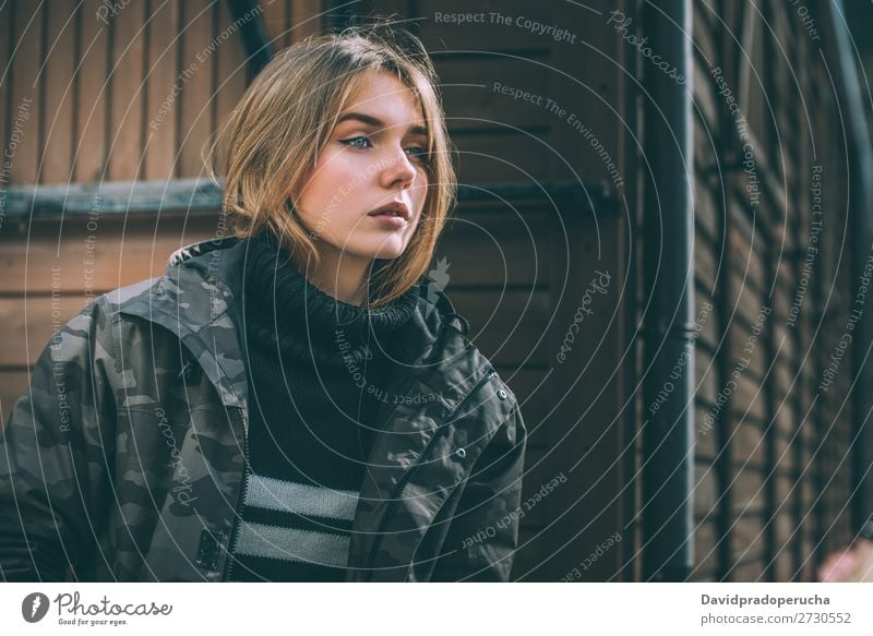 portrait Young pretty woman in winter in a log cabin in the snow Portrait photograph Winter Woman Snow Youth (Young adults) Happy Hut Log Wood Cute Blonde