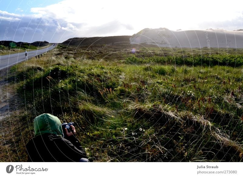 Out 1 Human being 18 - 30 years Youth (Young adults) Adults Landscape Sand Sky Clouds Sunlight Summer Weather Wind Grass Bushes Island Sylt Beach dune