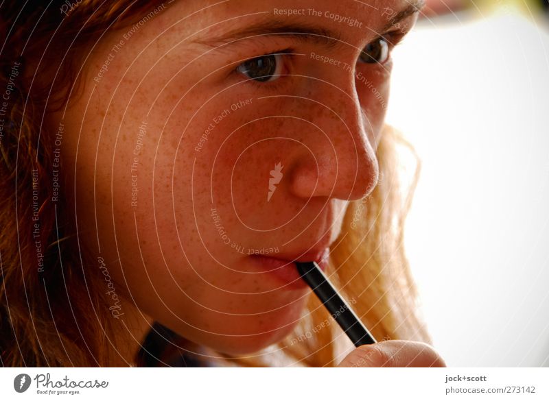 Teenager drinks with a straw Nutrition Drinking Cold drink Lemonade Young woman Youth (Young adults) Face Red-haired Straw Dream Delicious Warmth Contentment