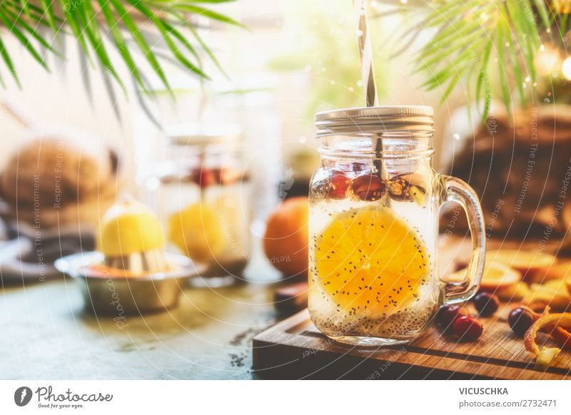 Healthy summer drink with Chia seed detox water Food Fruit Nutrition Breakfast Organic produce Vegetarian diet Diet Beverage Cold drink Drinking water Lemonade