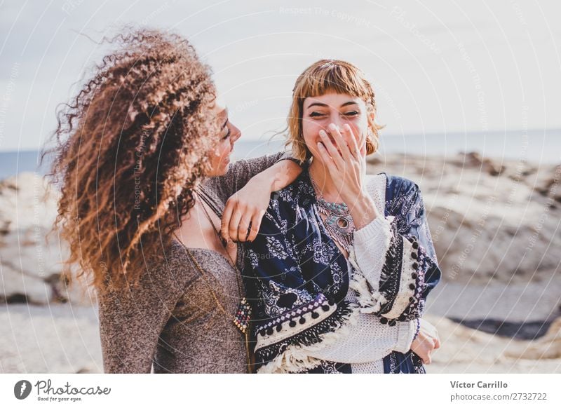 Two Girls Friend Laughing and having a good time in a sunny day Lifestyle Style Exotic Vacation & Travel Human being Feminine Young woman Youth (Young adults)