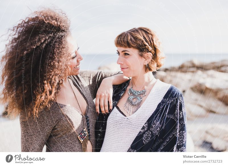 Two Girls Friend Laughing and having a good time in a sunny day Lifestyle Elegant Style Beautiful Human being Feminine Young woman Youth (Young adults) Woman