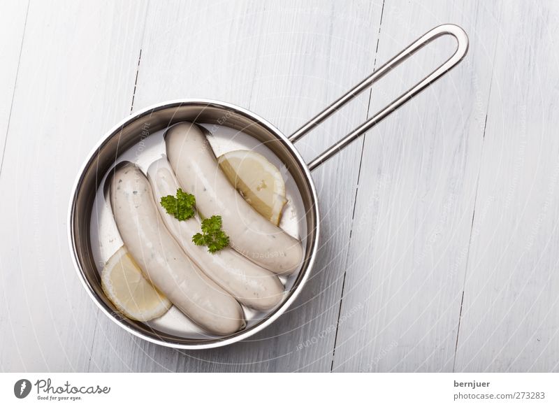 Greetings from Bavaria Food Sausage Breakfast Pot Cheap Hot Clean White Veal sausage Bavarian Specialities Parsley Lemon Door handle Wood background 3 Water