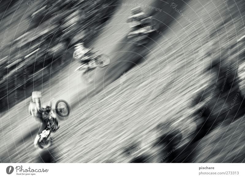 speed gear Motorsports Sporting event Motorcycle Driving Rebellious Speed Motocross bike Black & white photo Exterior shot Blur Motion blur